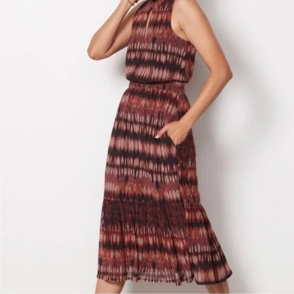 Evereve Gretta Midi Dress Mock Neck Tiered Pockets Brown Black Mesh Sz XL NEW - Picture 3 of 14